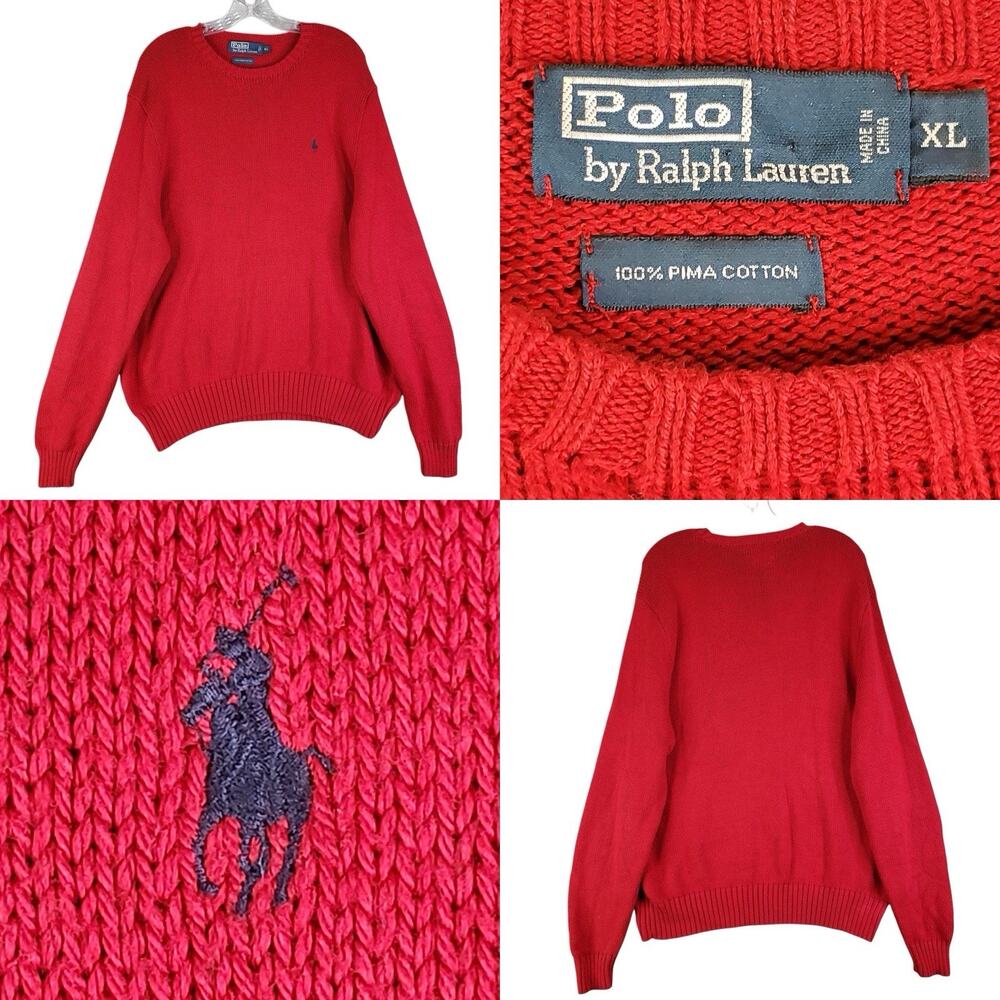 Polo Ralph Lauren Sweater Mens Red Size XL Cotton Pullover Chunky Knit LS Vtg